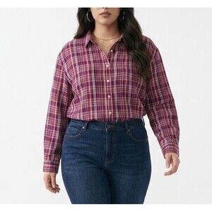 Loft Women’s Plaid Shirt 2XL Red Top Pocket Long Sleeve